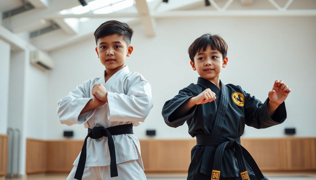 Two children comparing karate and Choi Kwang Do stances in a dojo
